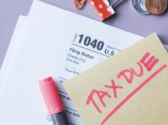 IRS Tax Updates 2026: What US Business Owners & Individuals Must Know Tax form 1040 with a pink 'TAX DUE' stamp on a beige note and a pink marker on a lavender background